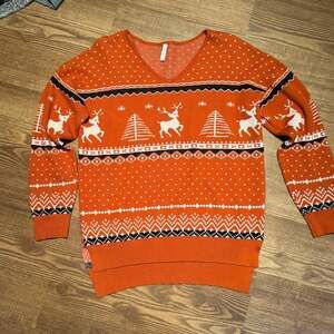Jouica Women’s Christmas Reindeer Fair Isle Sweater Orange Black White Size L